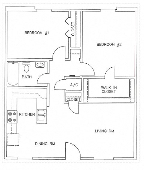 Floor plan for 2 beds, 1 bath, 781 sqft
